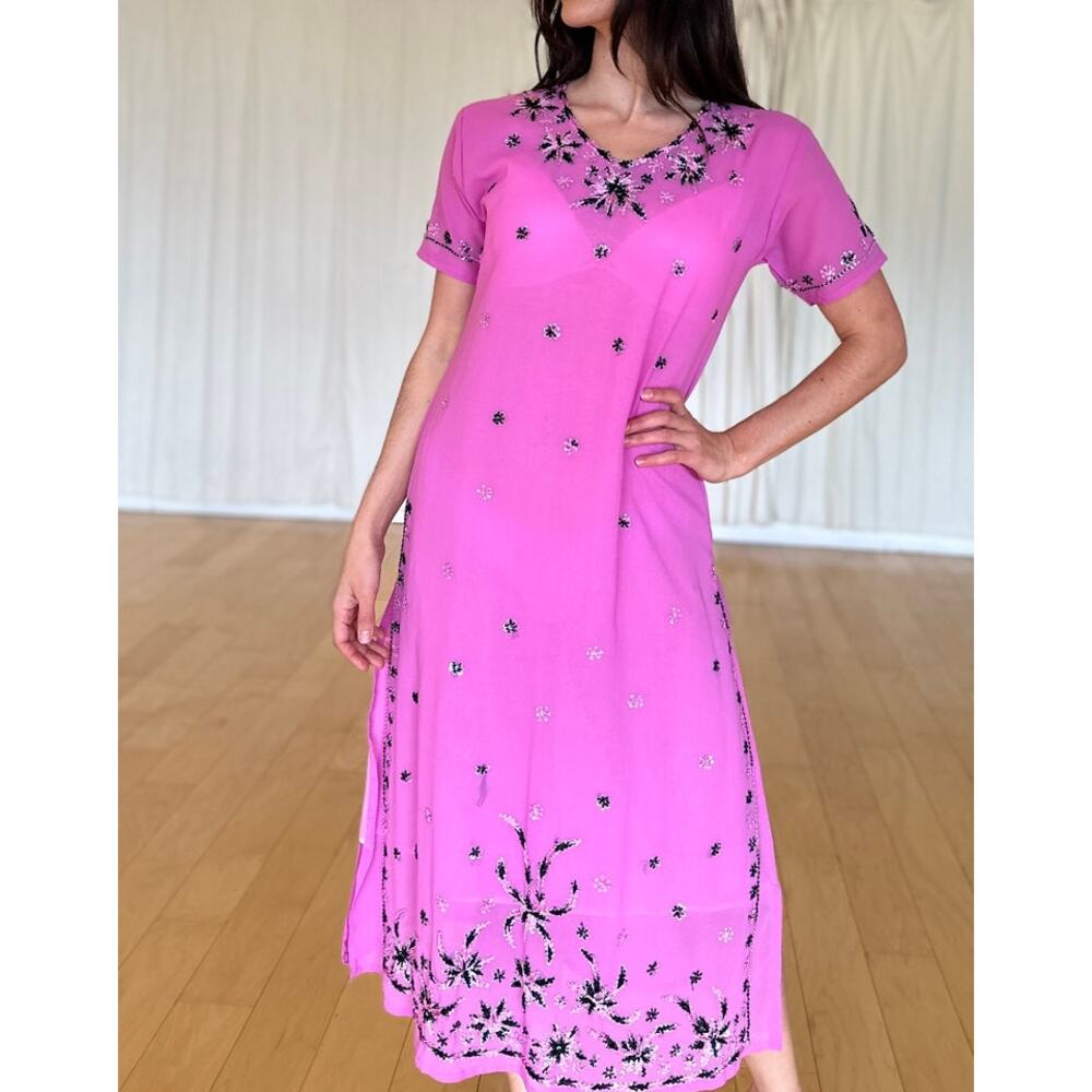 Women's Medium Kurta Dress Pink Embroidered Sequin Silky Semi Sheer Vintage
